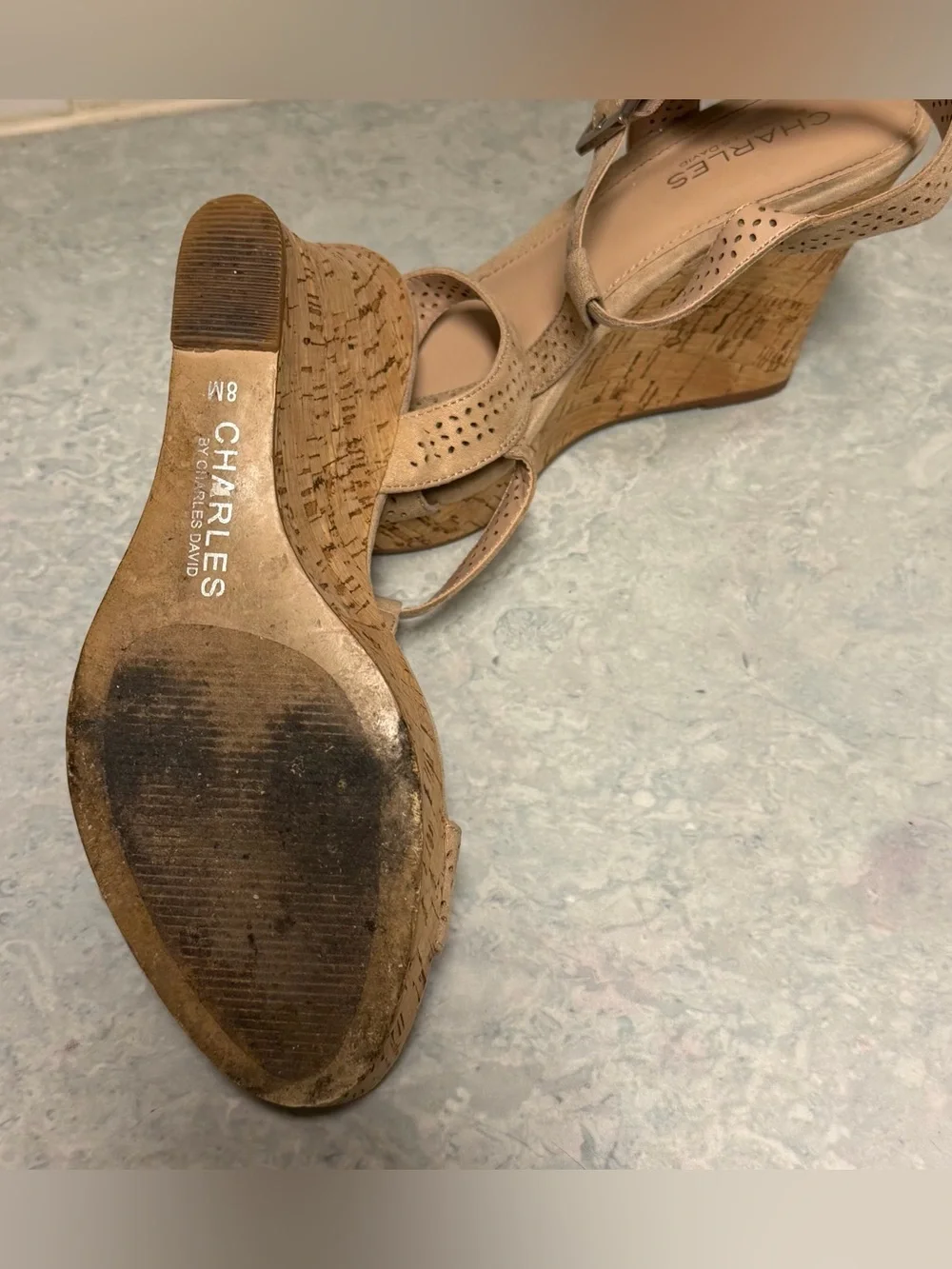 Charles David Women's Beige Suede 4.5” Wedge Sandals with Ankle Strap size 8